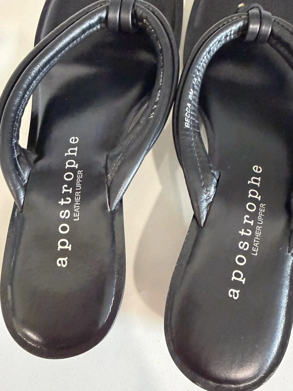 Apostrophe leather thong heel wedge sandal black